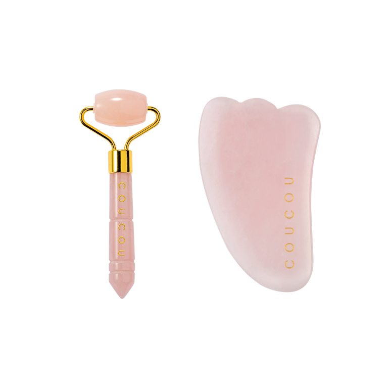 Coucou Mini Rose Quartz Roller + Mini Rose Quartz Gua Sha